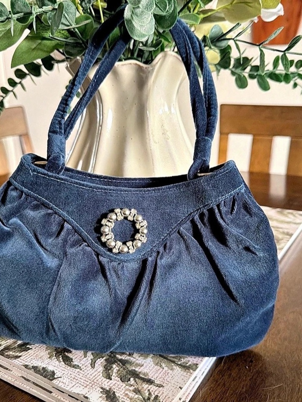 Velvet Shoulder Bag in Blue Like New